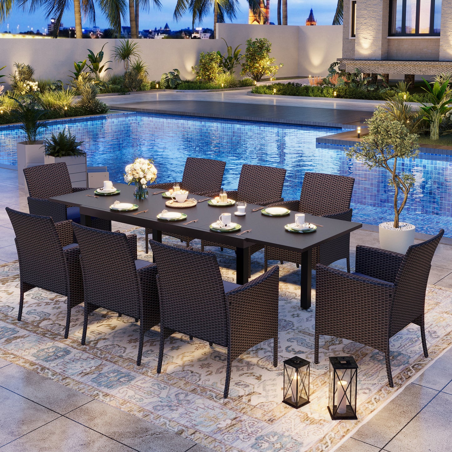 Captiva Designs 9pc Outdoor Patio Expandable Steel Dining Table & & Crescent Arm Rattan Chairs