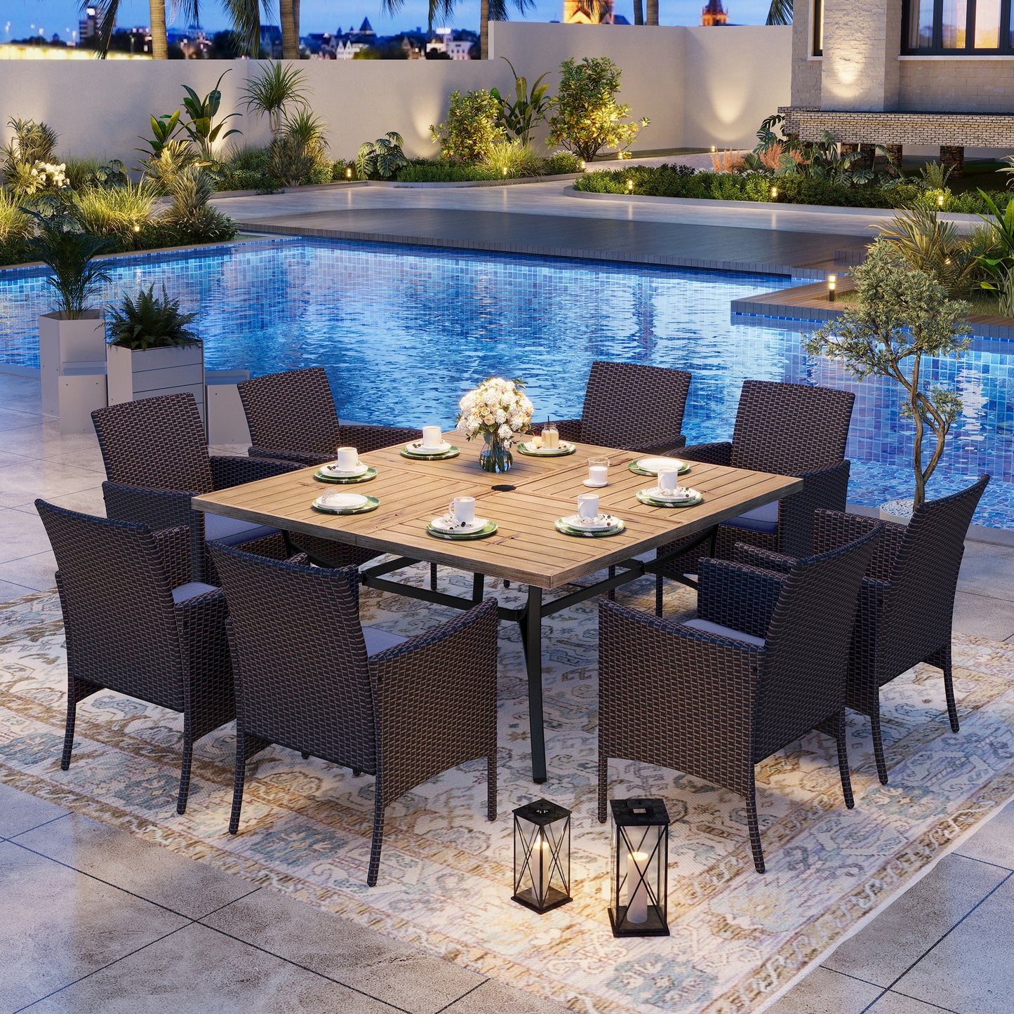 Captiva Designs 9pc Patio Spacious Slat-top Square Metal Table & Armrest Rattan Chairs with Cushions