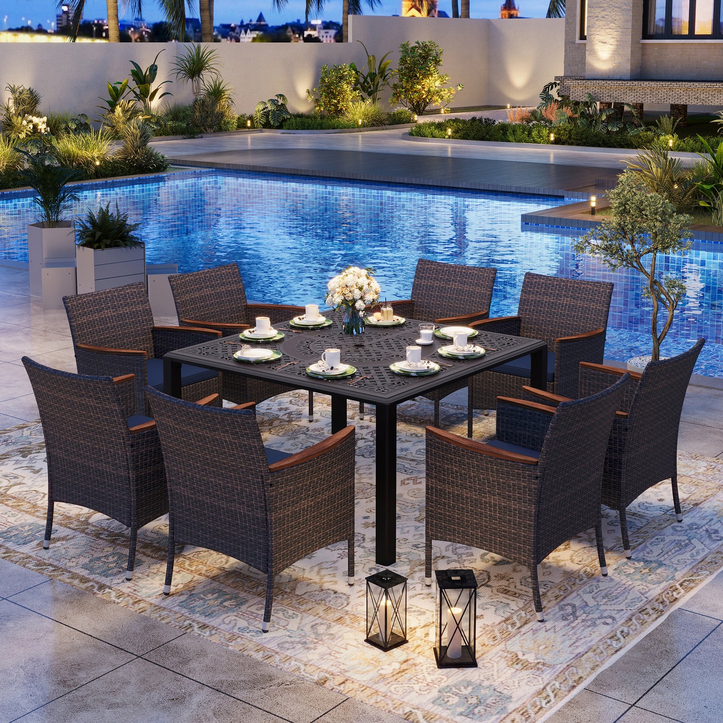 Captiva Designs Outdoor 9Pc Cast Aluminum Square Metal Dining Table with Umbrella Hole & Cushioned Wicker Rattan Chairs