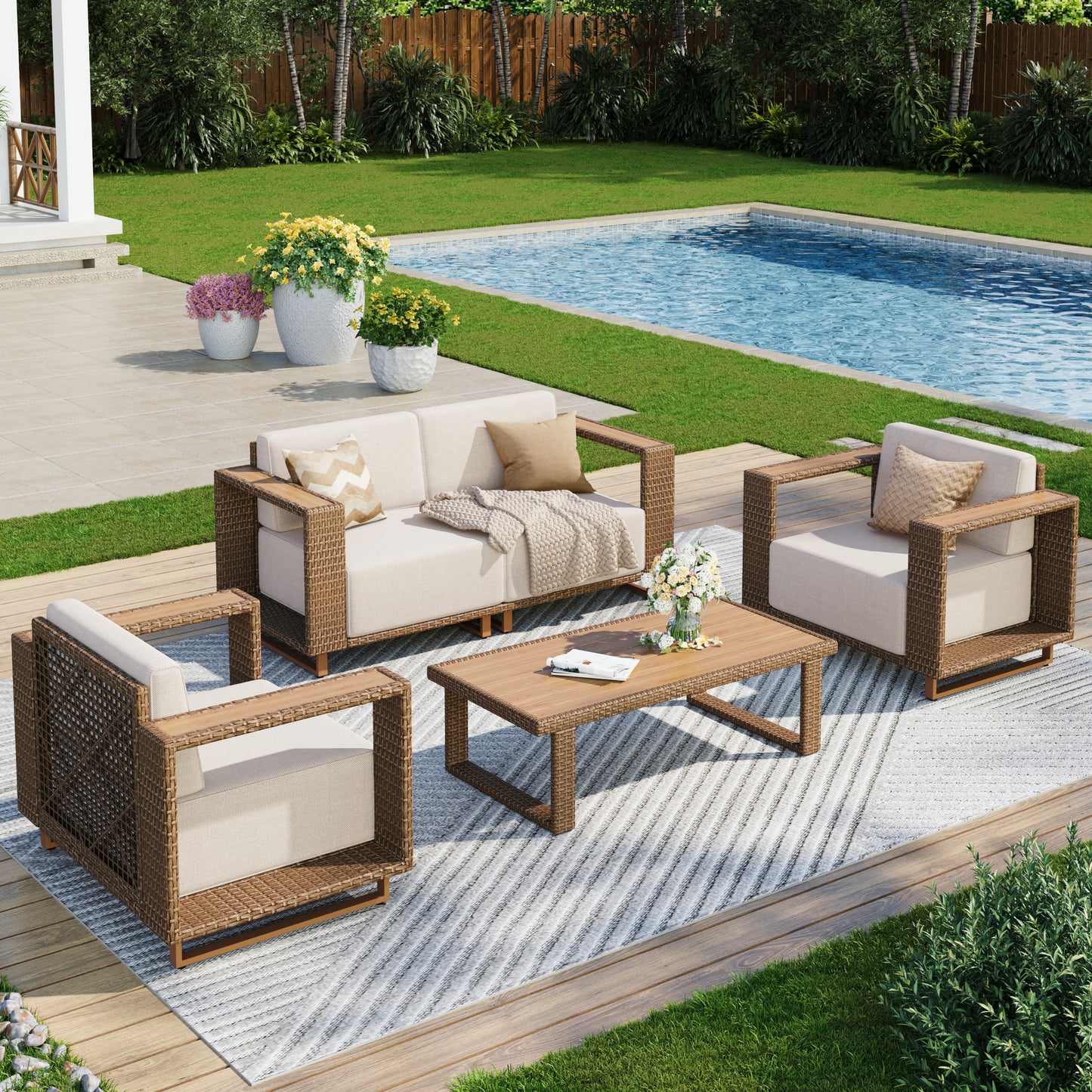 Captiva Designs Outdoor Patio Furniture Sectional Wicker Sofa Conversation Set with 9.8 Inch Thick Cushions