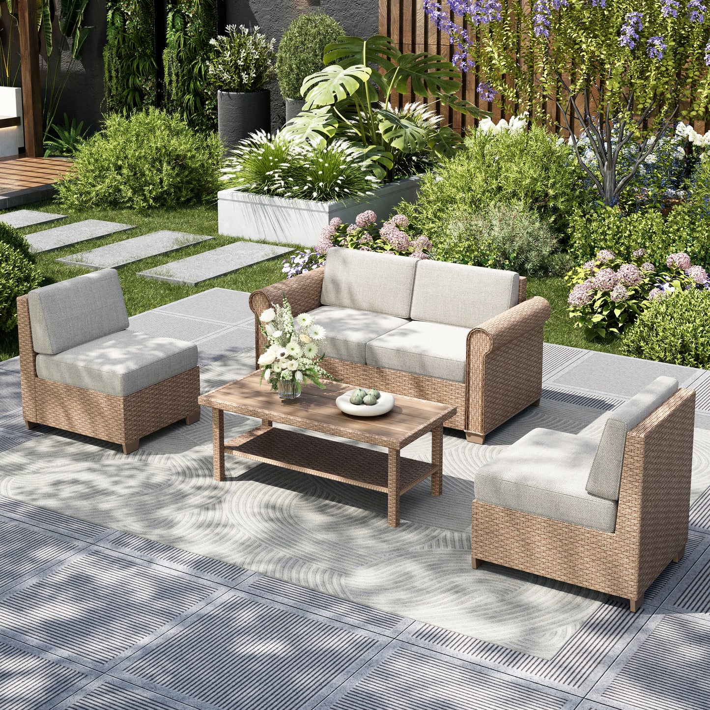Captiva Designs Large Outdoor Patio Sectional Sofa Wicker Furniture Conversation Set with Cushions