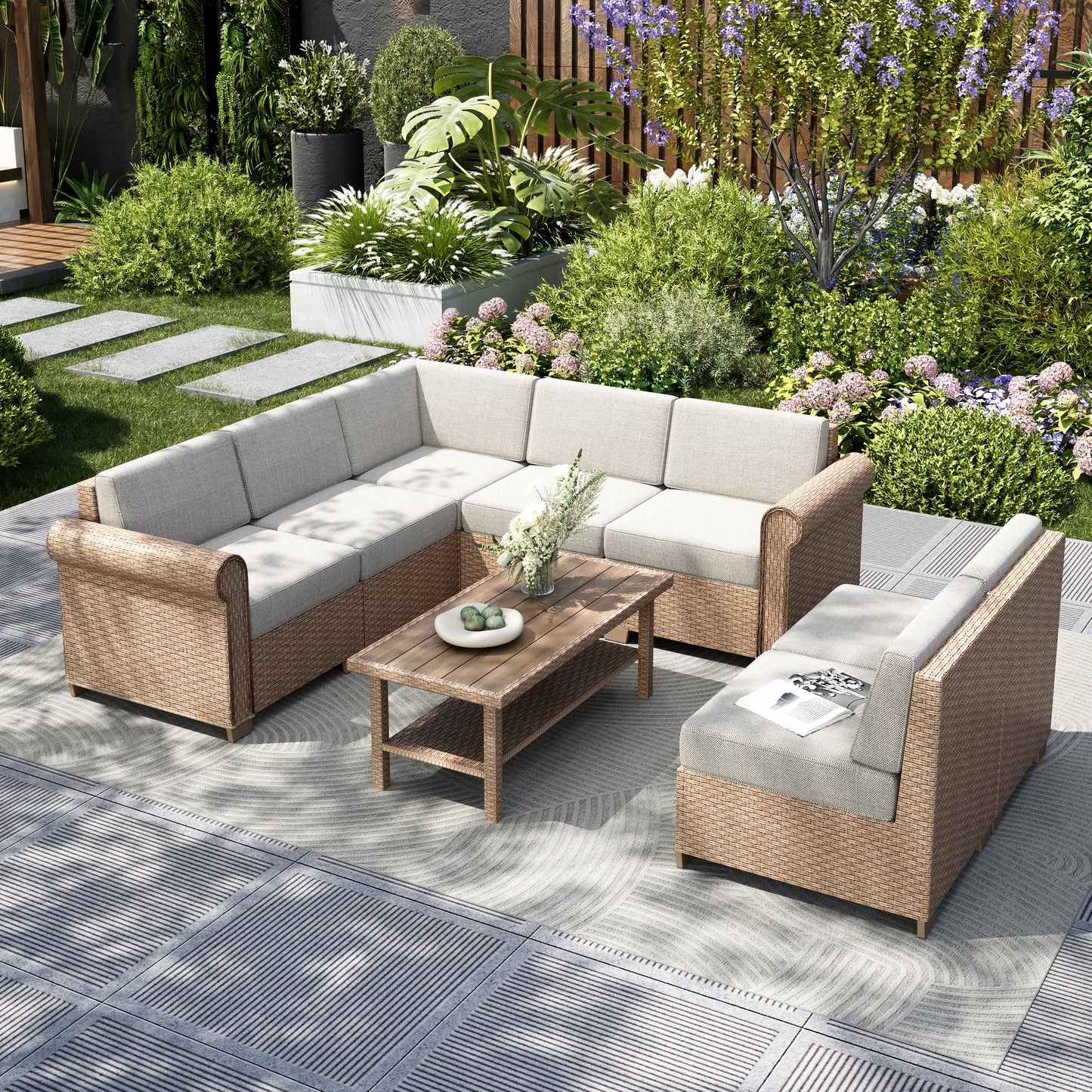 Captiva Designs Large Outdoor Patio Sectional Sofa Wicker Furniture Conversation Set with Cushions