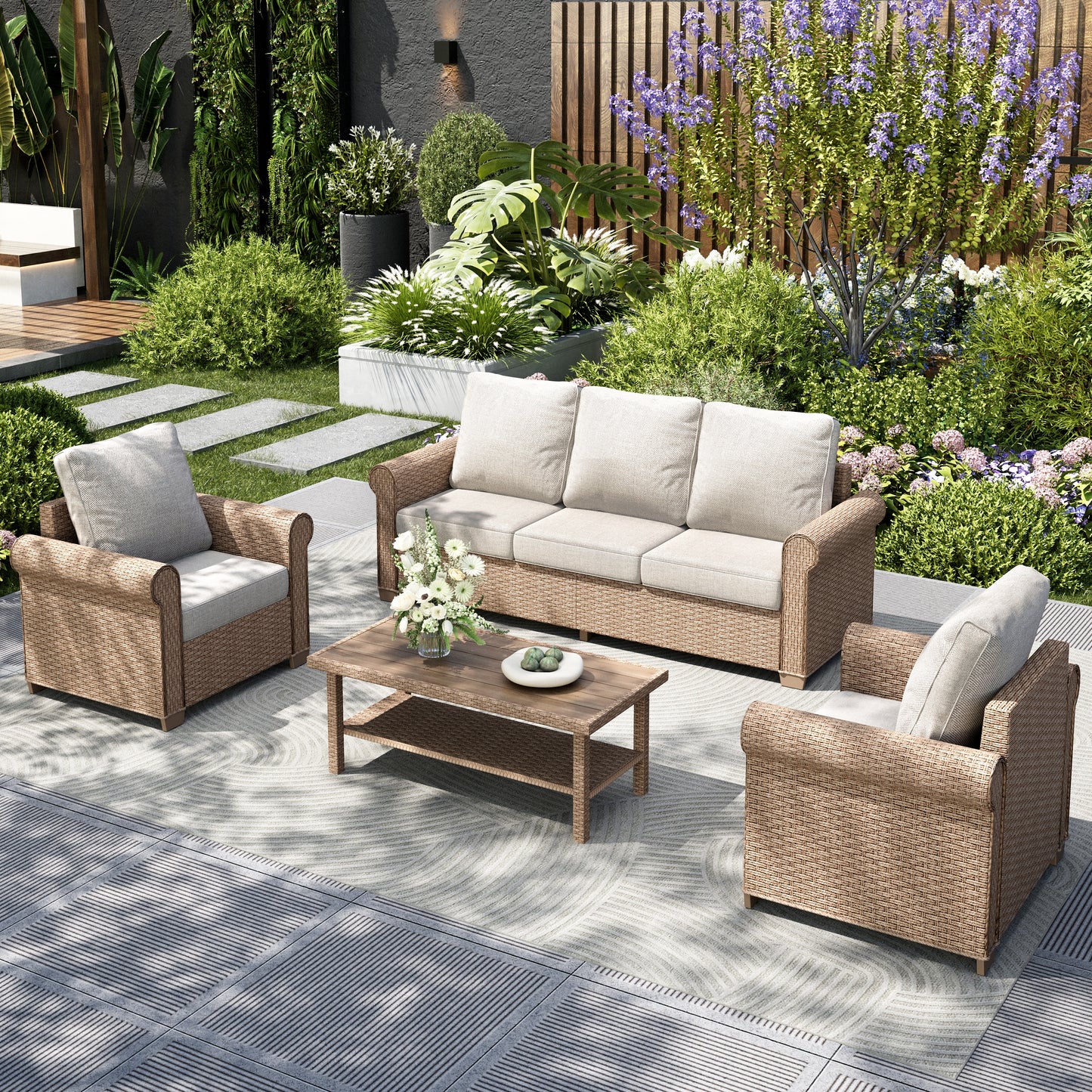 Captiva Designs Luxury Wicker Patio Conversation Sofa Set with Curved Armrests with Cushions