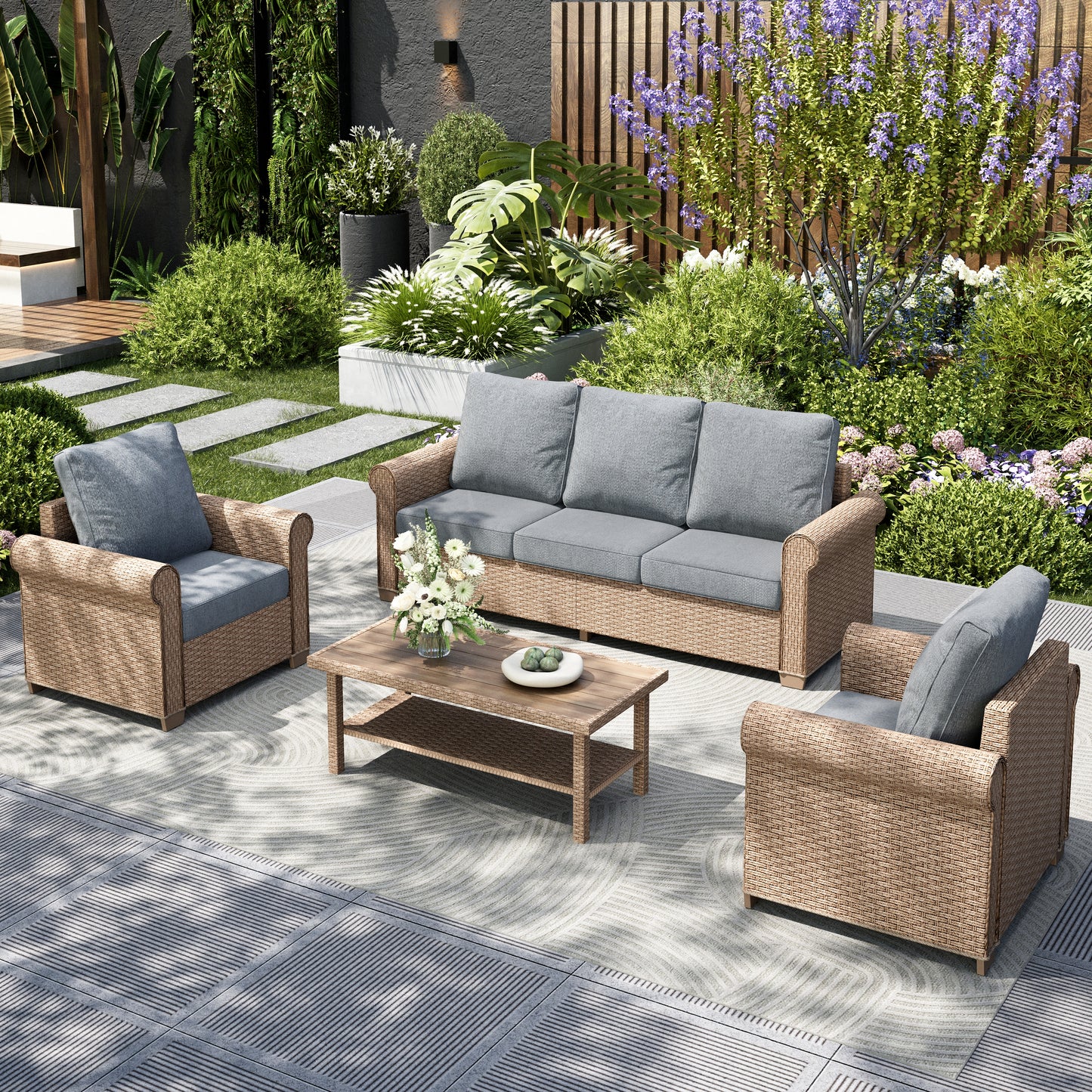 Captiva Designs Luxury Wicker Patio Conversation Sofa Set with Curved Armrests with Cushions