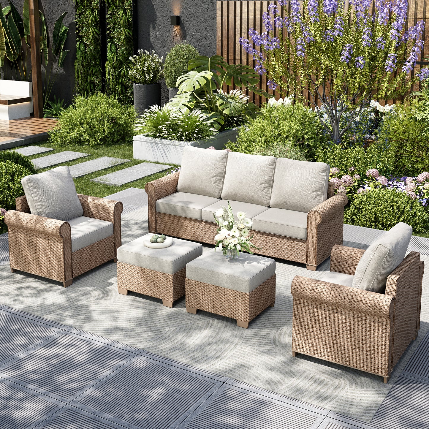Captiva Designs Luxury Wicker Patio Conversation Sofa Set with Curved Armrests with Cushions