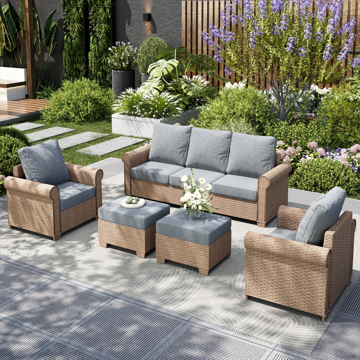 Captiva Designs Luxury Wicker Patio Conversation Sofa Set with Curved Armrests with Cushions