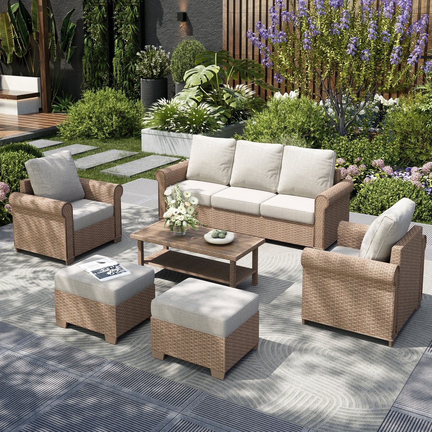 Captiva Designs 6 Piece Luxury Wicker Patio Conversation Sofa Set with Curved Armrests with Cushions