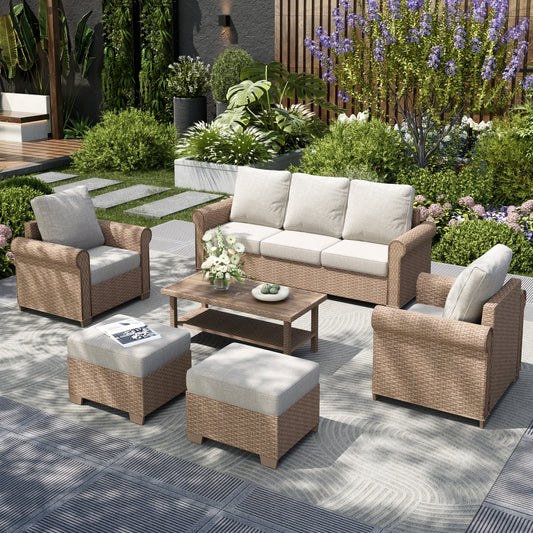 Captiva Designs 6 Piece Luxury Wicker Patio Conversation Sofa Set with Curved Armrests with Cushions