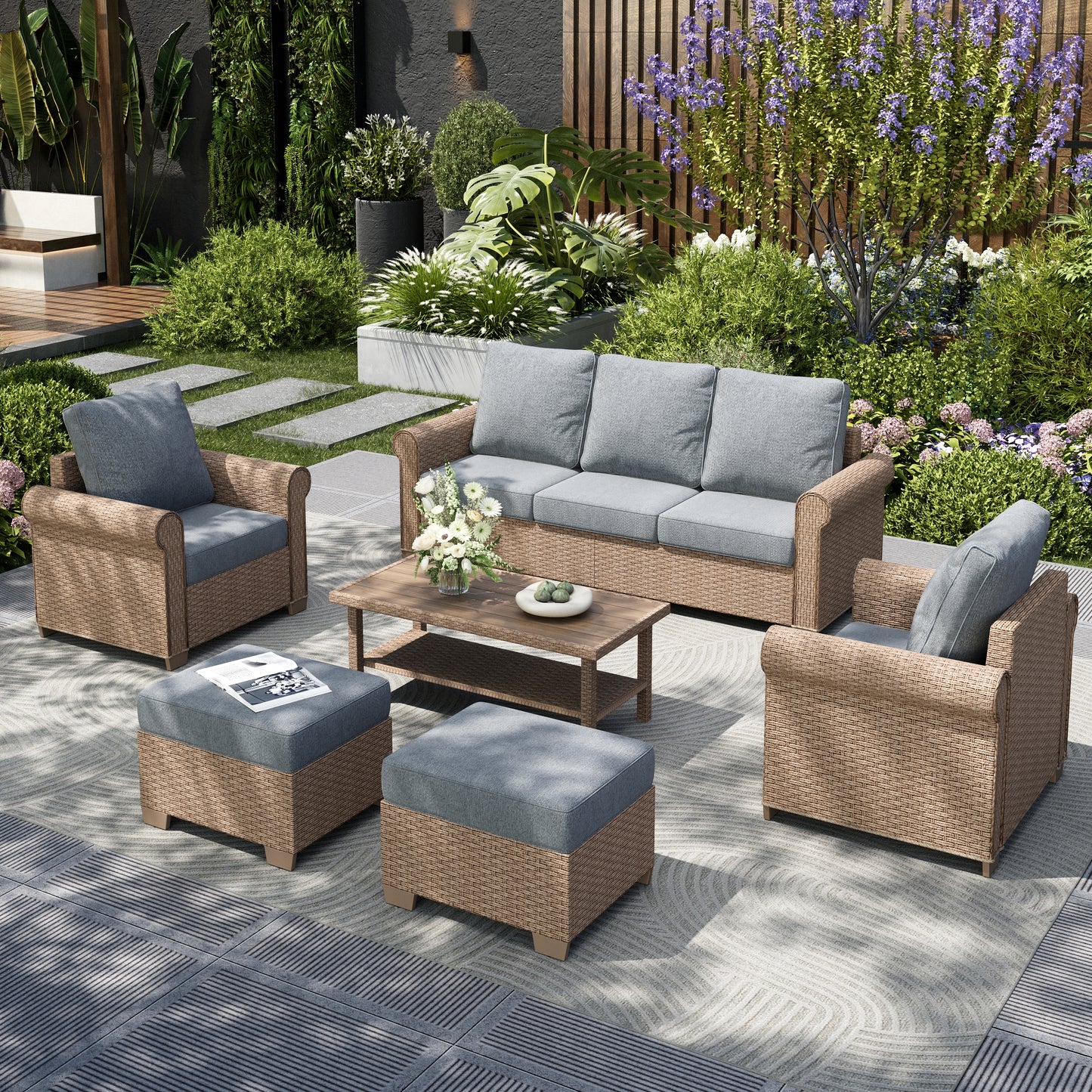 Captiva Designs 6 Piece Luxury Wicker Patio Conversation Sofa Set with Curved Armrests with Cushions