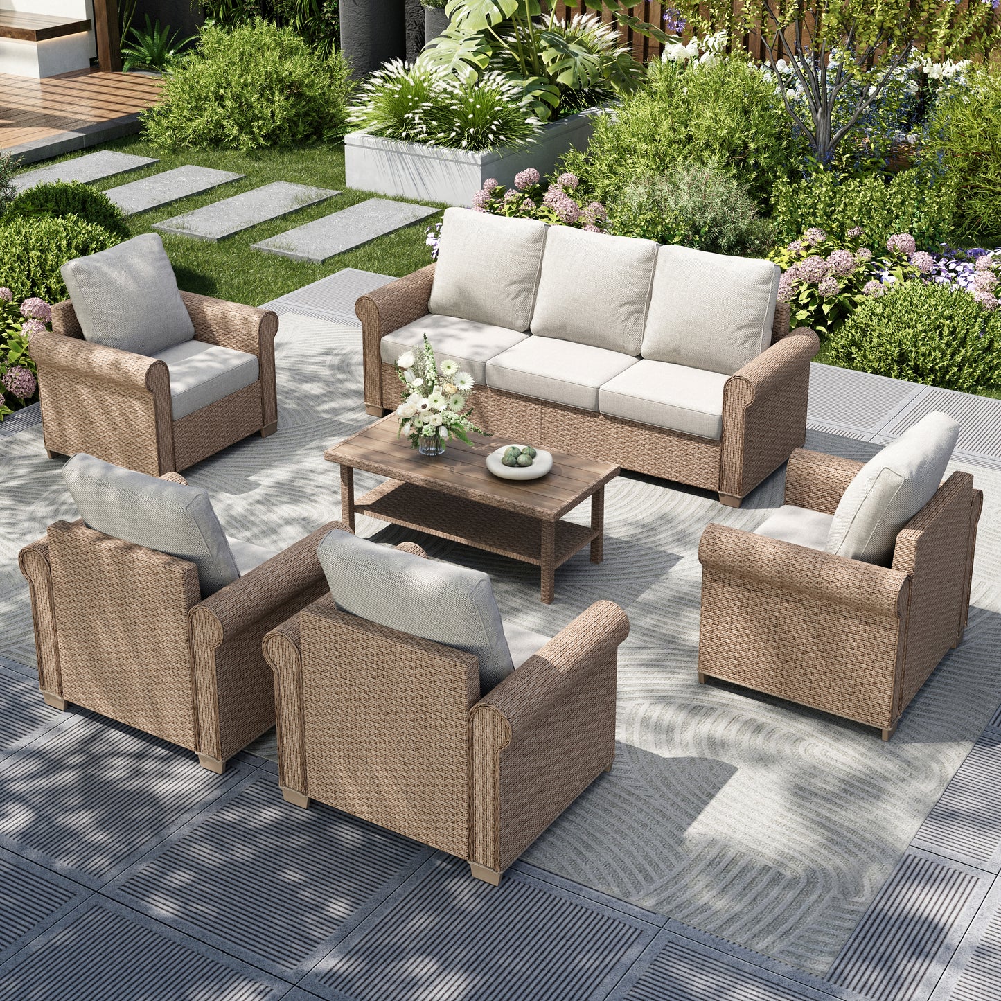 Captiva Designs 6 Piece Luxury Wicker Patio Conversation Sofa Set with Curved Armrests with Cushions
