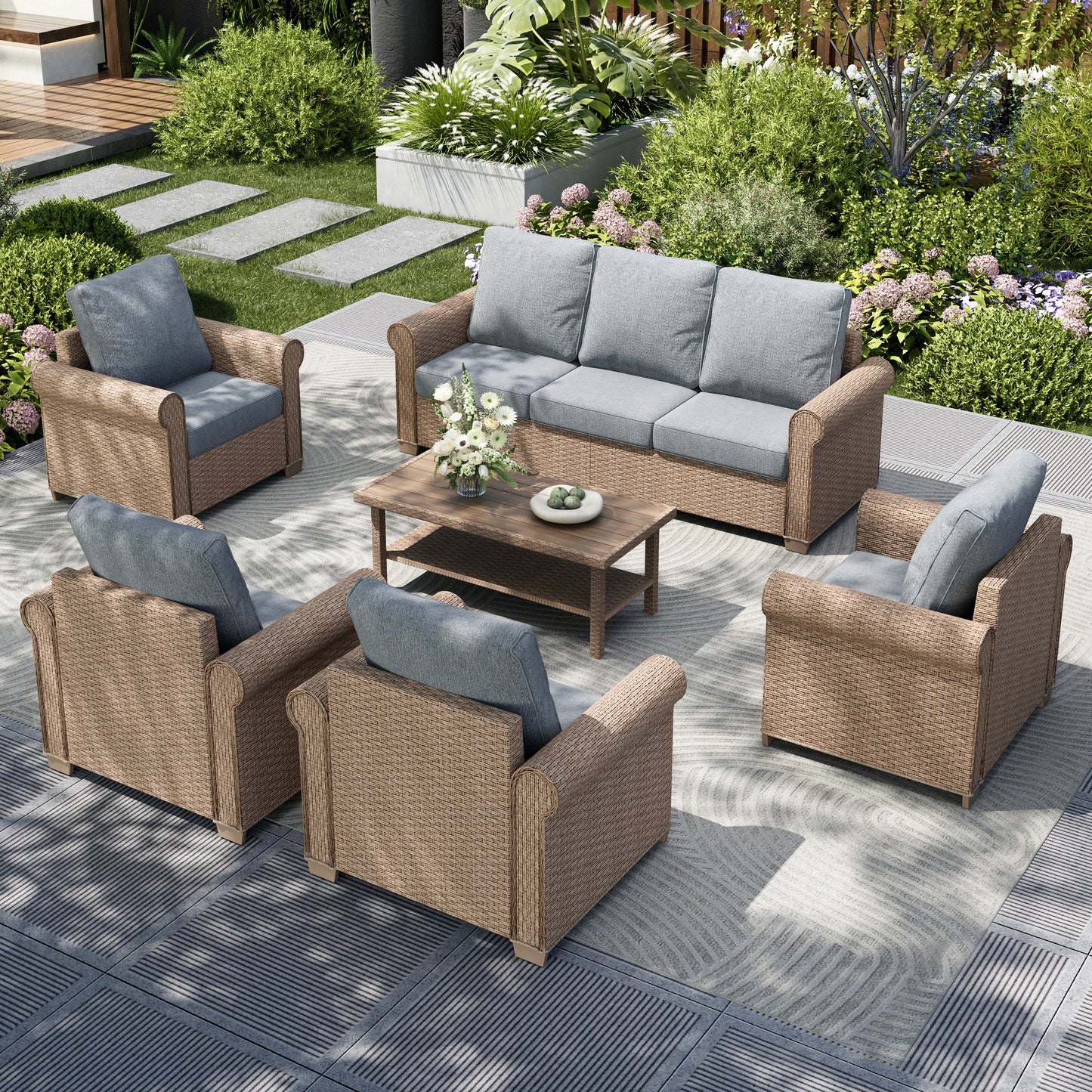 Captiva Designs 6 Piece Luxury Wicker Patio Conversation Sofa Set with Curved Armrests with Cushions