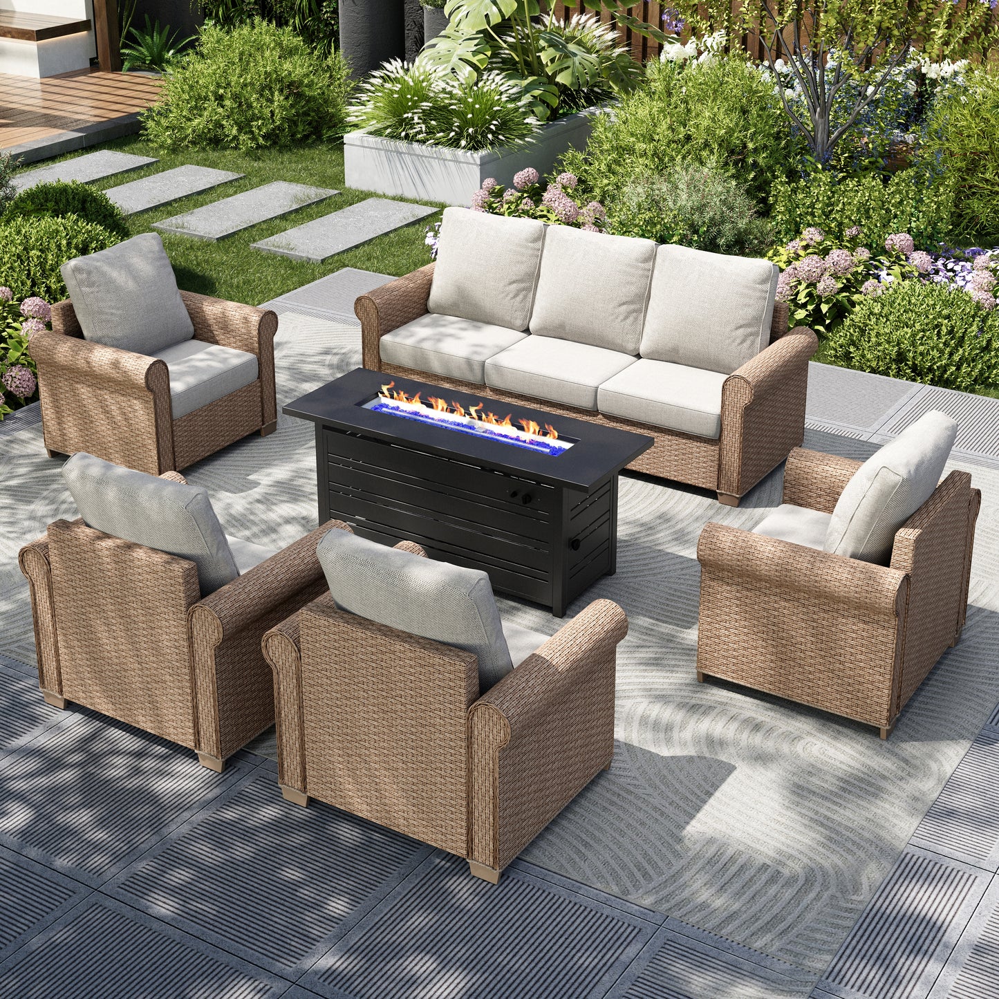 Captiva Designs Luxury Wicker Patio Conversation Fire Pit Set with Curved Armrests with Cushions