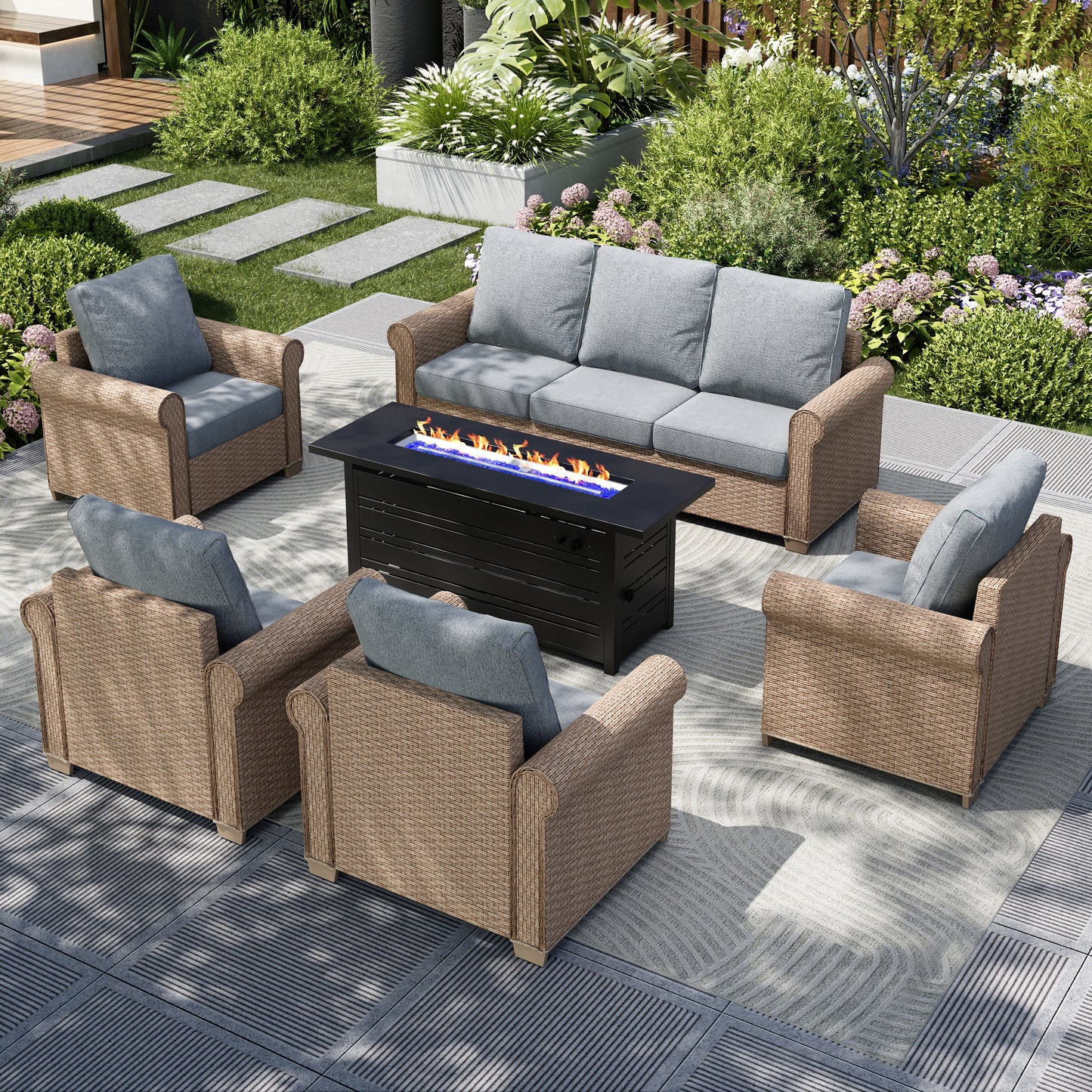 Captiva Designs Luxury Wicker Patio Conversation Fire Pit Set with Curved Armrests with Cushions