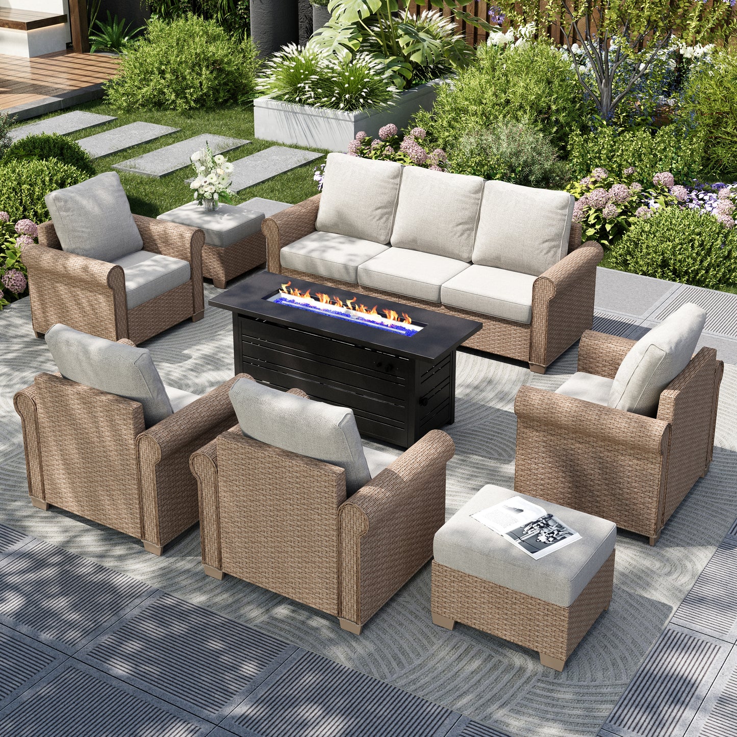 Captiva Designs Luxury Wicker Patio Conversation Fire Pit Set with Curved Armrests with Cushions