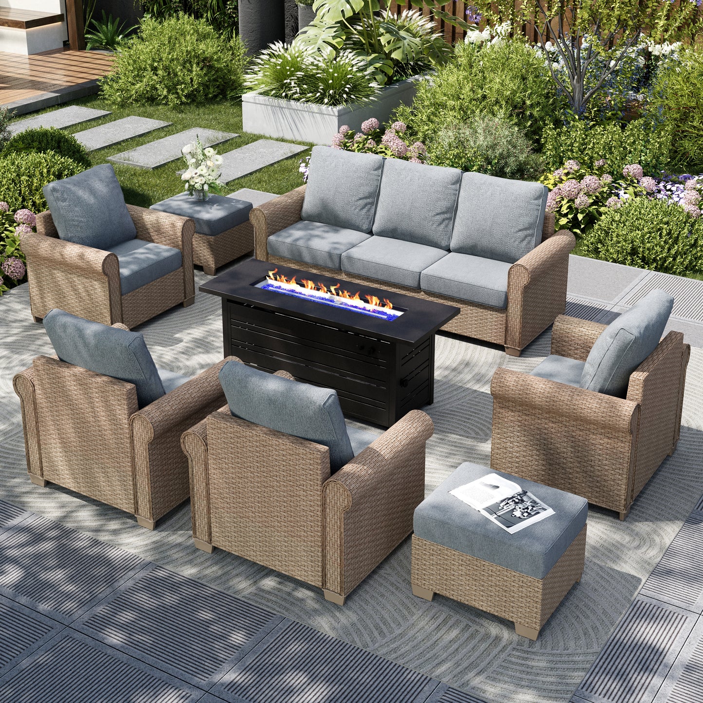 Captiva Designs Luxury Wicker Patio Conversation Fire Pit Set with Curved Armrests with Cushions