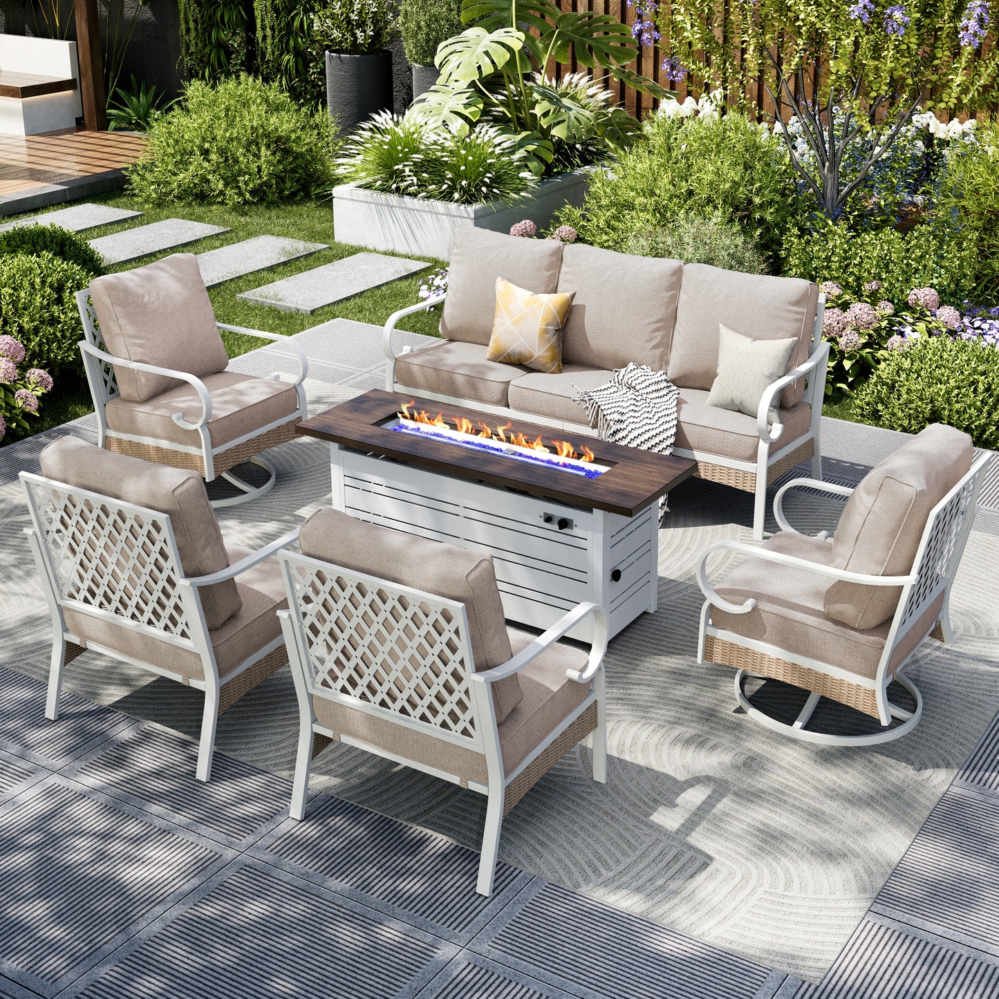 Captiva Designs 6pc extra large metal and rattan outdoor patio fire pit set with swivel grid-back chairs and table