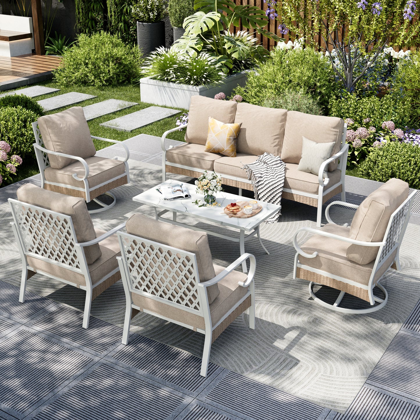 Captiva Designs 6pc Extra Large Metal and Rattan Outdoor Patio Conversation Set with Swivel Grid-back Chairs and Table