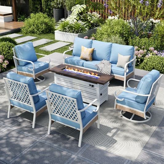 Captiva Designs 6pc extra large metal and rattan outdoor patio fire pit set with swivel grid-back chairs and table