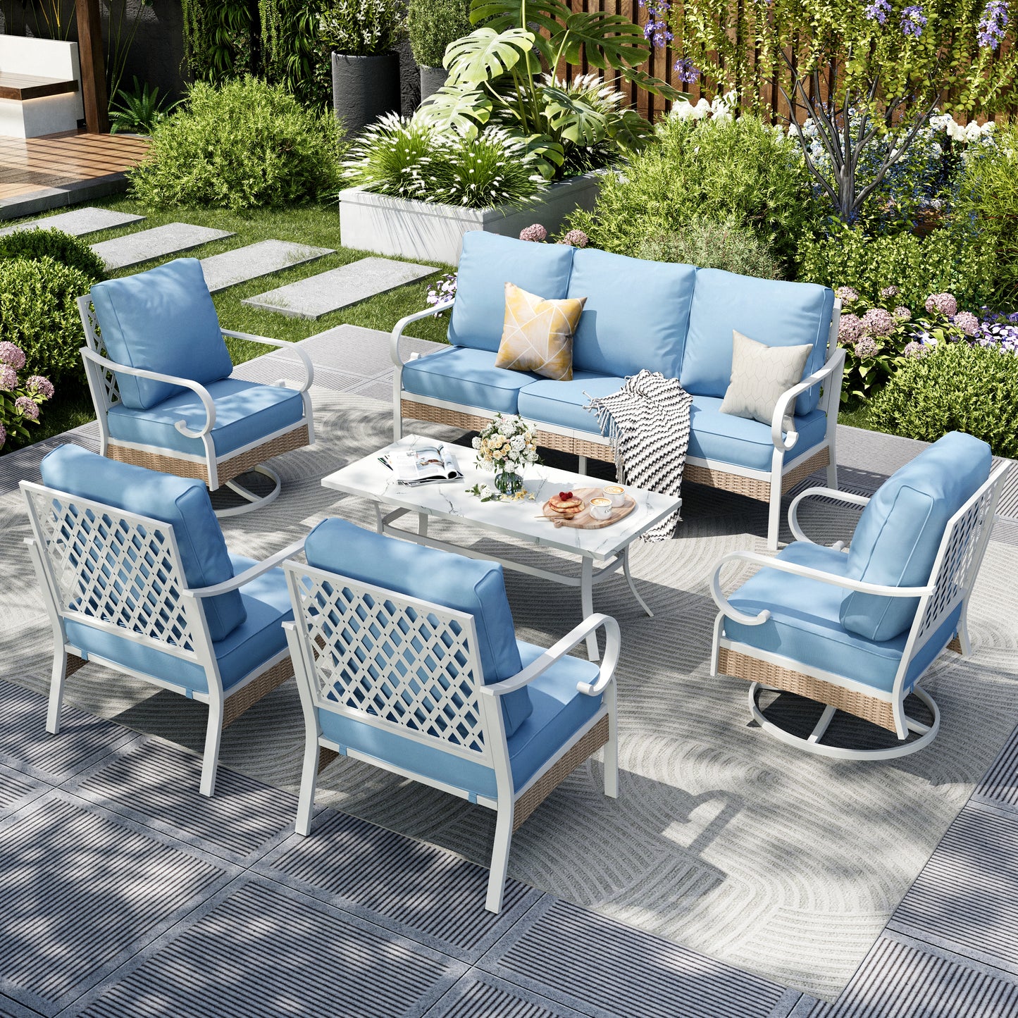 Captiva Designs 6pc Extra Large Metal and Rattan Outdoor Patio Conversation Set with Swivel Grid-back Chairs and Table
