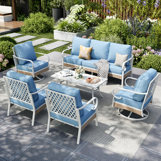 Captiva Designs 6pc Extra Large Metal and Rattan Outdoor Patio Conversation Set with Swivel Grid-back Chairs and Table