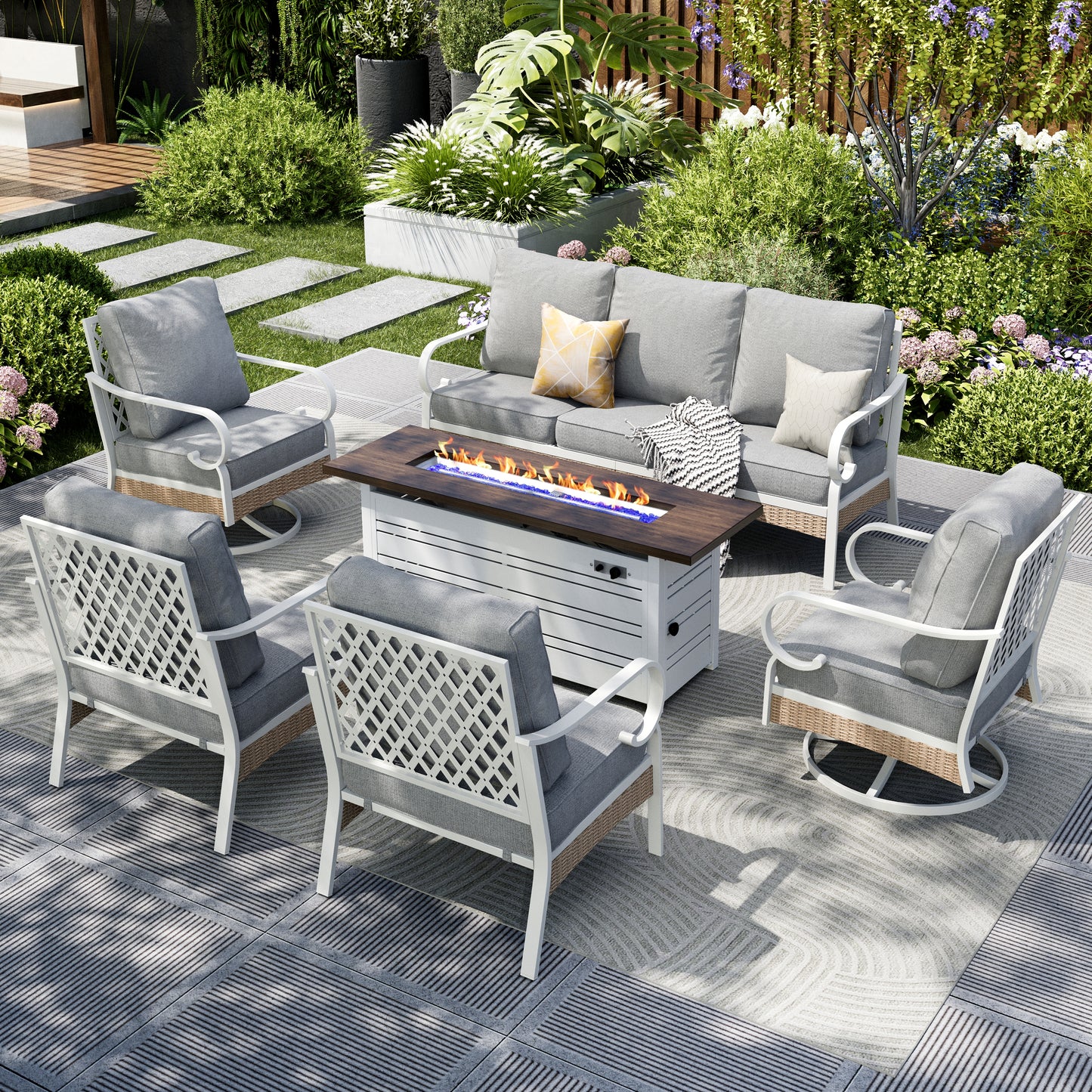 Captiva Designs 6pc extra large metal and rattan outdoor patio fire pit set with swivel grid-back chairs and table