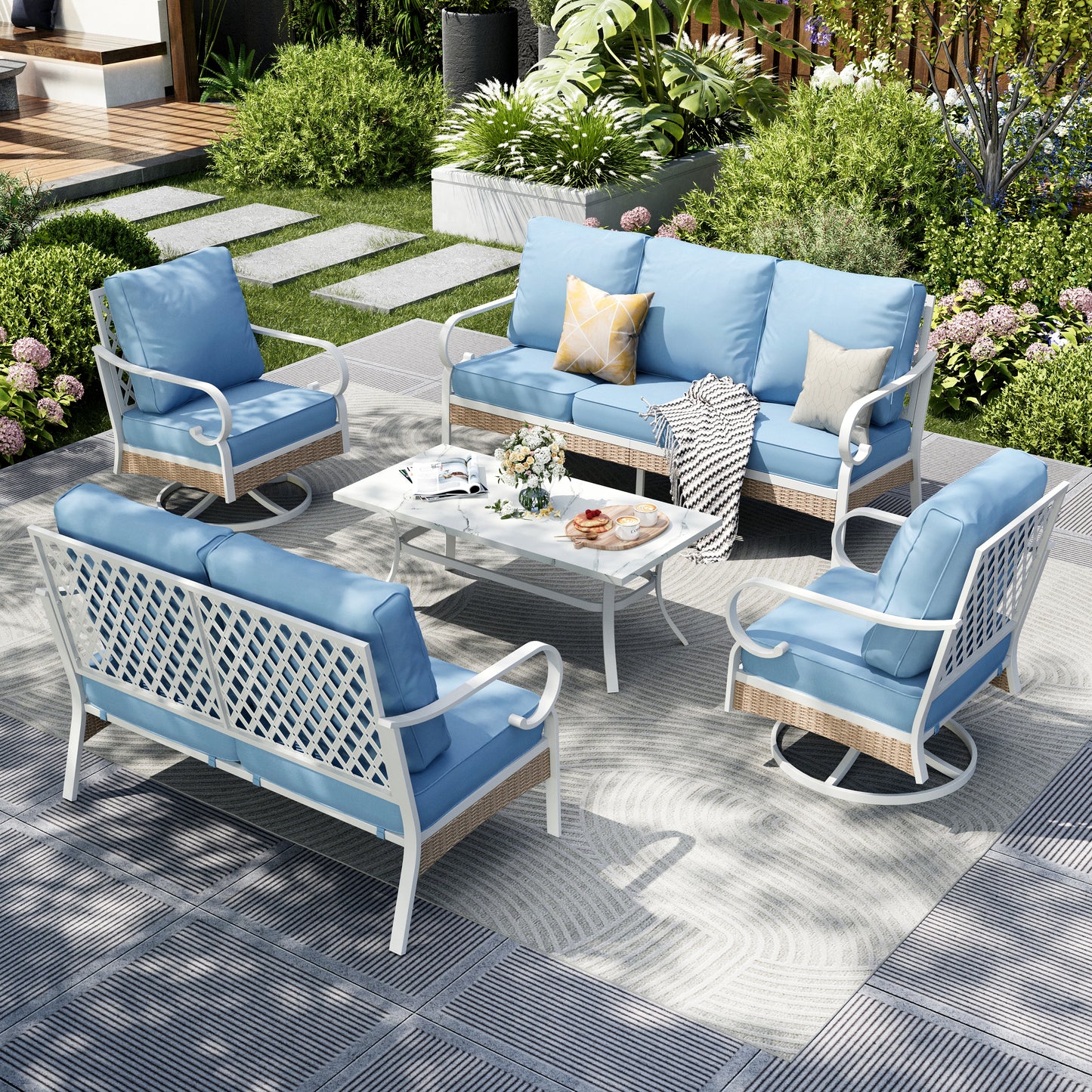 Captiva Designs 5pc Extra Large Metal and Rattan Outdoor Patio Conversation Set with Swivel Grid-back Chairs and Loveseat
