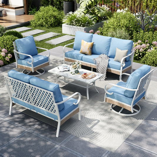 Captiva Designs 5pc Extra Large Metal and Rattan Outdoor Patio Conversation Set with Swivel Grid-back Chairs and Loveseat