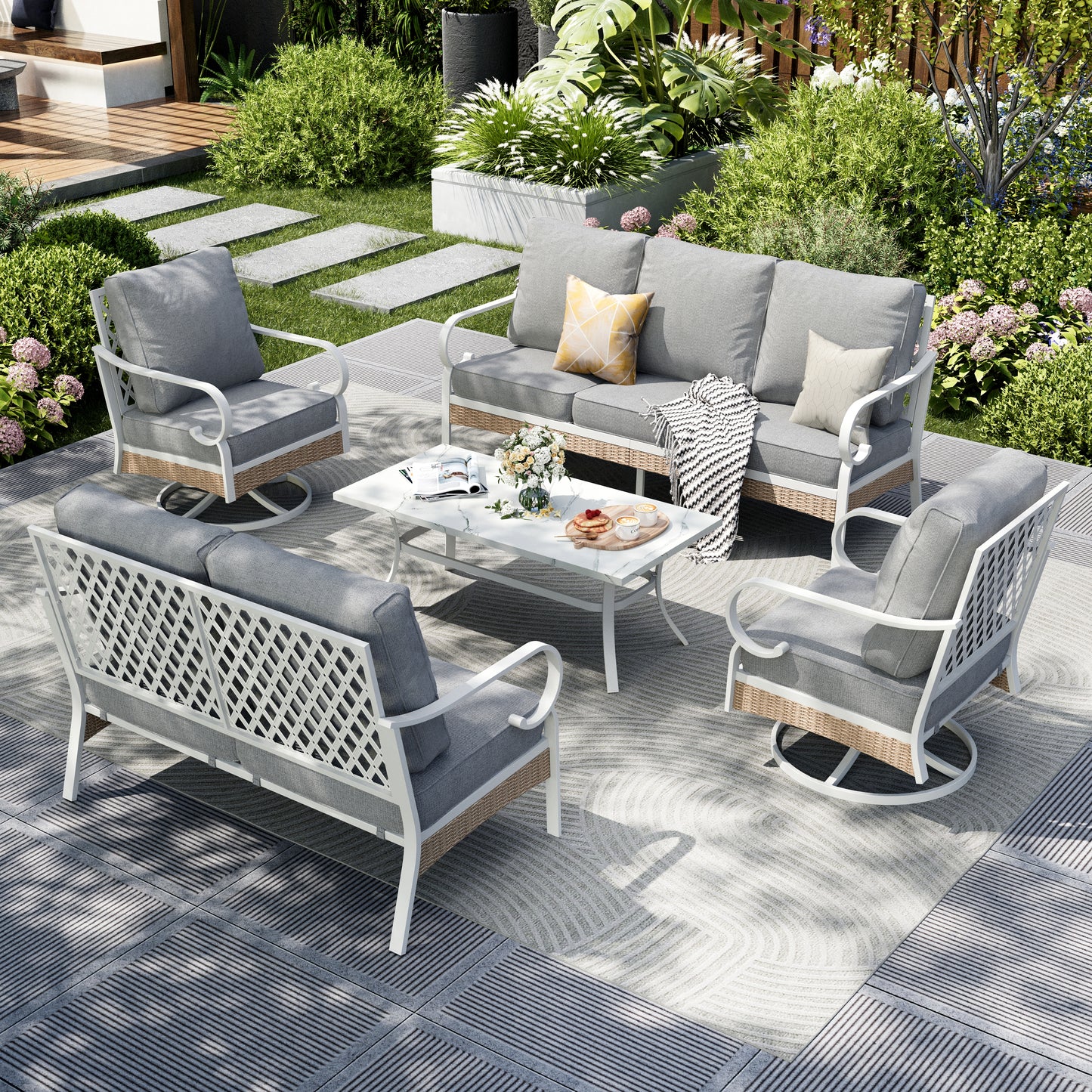 Captiva Designs 5pc Extra Large Metal and Rattan Outdoor Patio Conversation Set with Swivel Grid-back Chairs and Loveseat