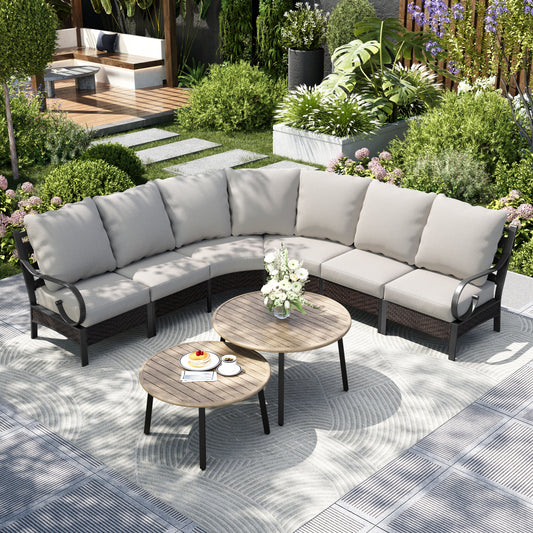 Captiva Designs 8pc Outdoor Half-Moon Sectional Patio Conversation Sets with 2 Round Table for Garden, Poolside, Balcony, Backyard