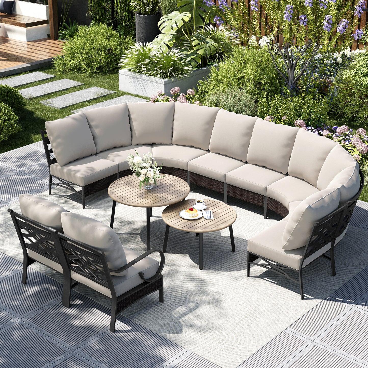 Captiva Designs 12pc Outdoor Half-Moon Sectional Patio Conversation Sets with 2 Round Table for Garden, Poolside, Balcony, Backyard