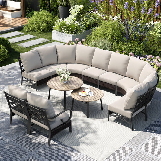 Captiva Designs 12pc Outdoor Half-Moon Sectional Patio Conversation Sets with 2 Round Table for Garden, Poolside, Balcony, Backyard