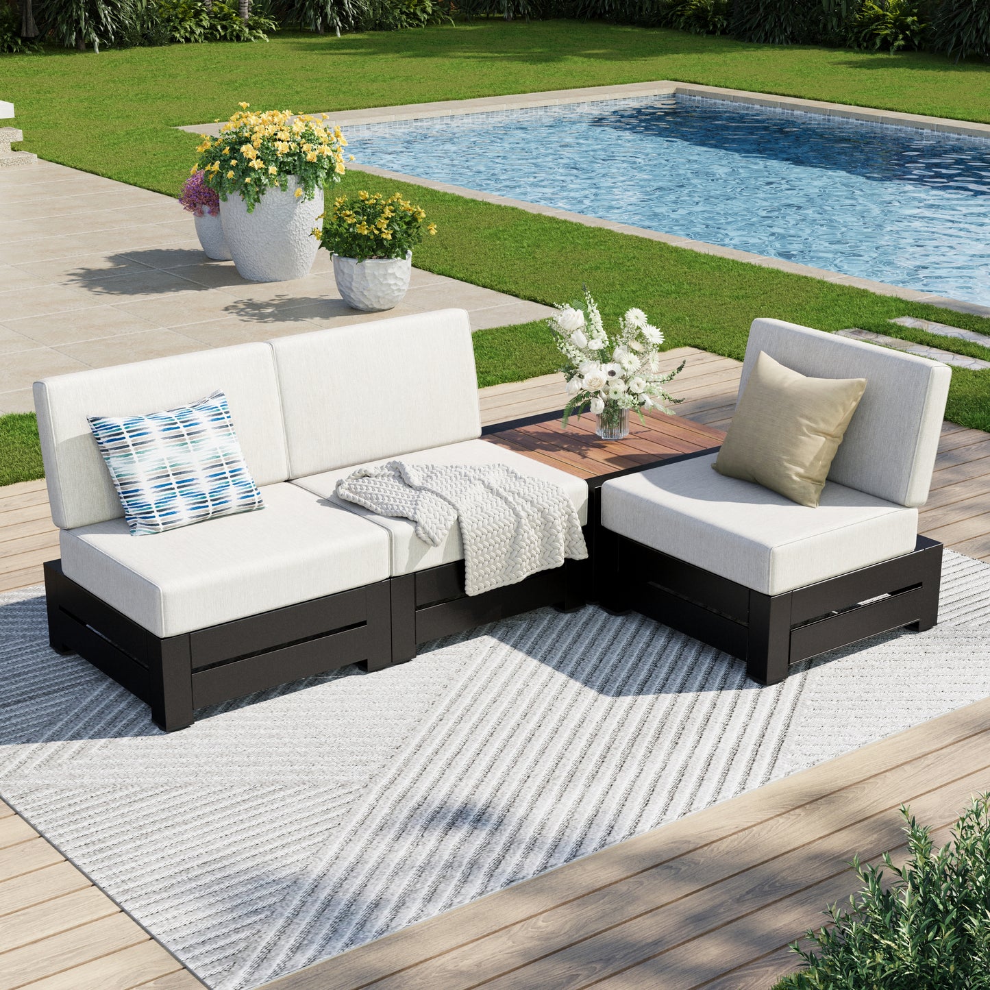 Captiva Designs Outdoor Patio Modular Sectional Sofa Conversation Set with Deep Cushions and Wood Grain Table