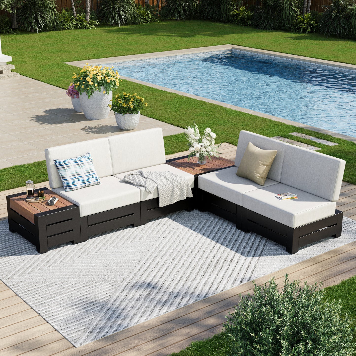 Captiva Designs Outdoor Patio Modular Sectional Sofa Conversation Set with Deep Cushions and Wood Grain Table