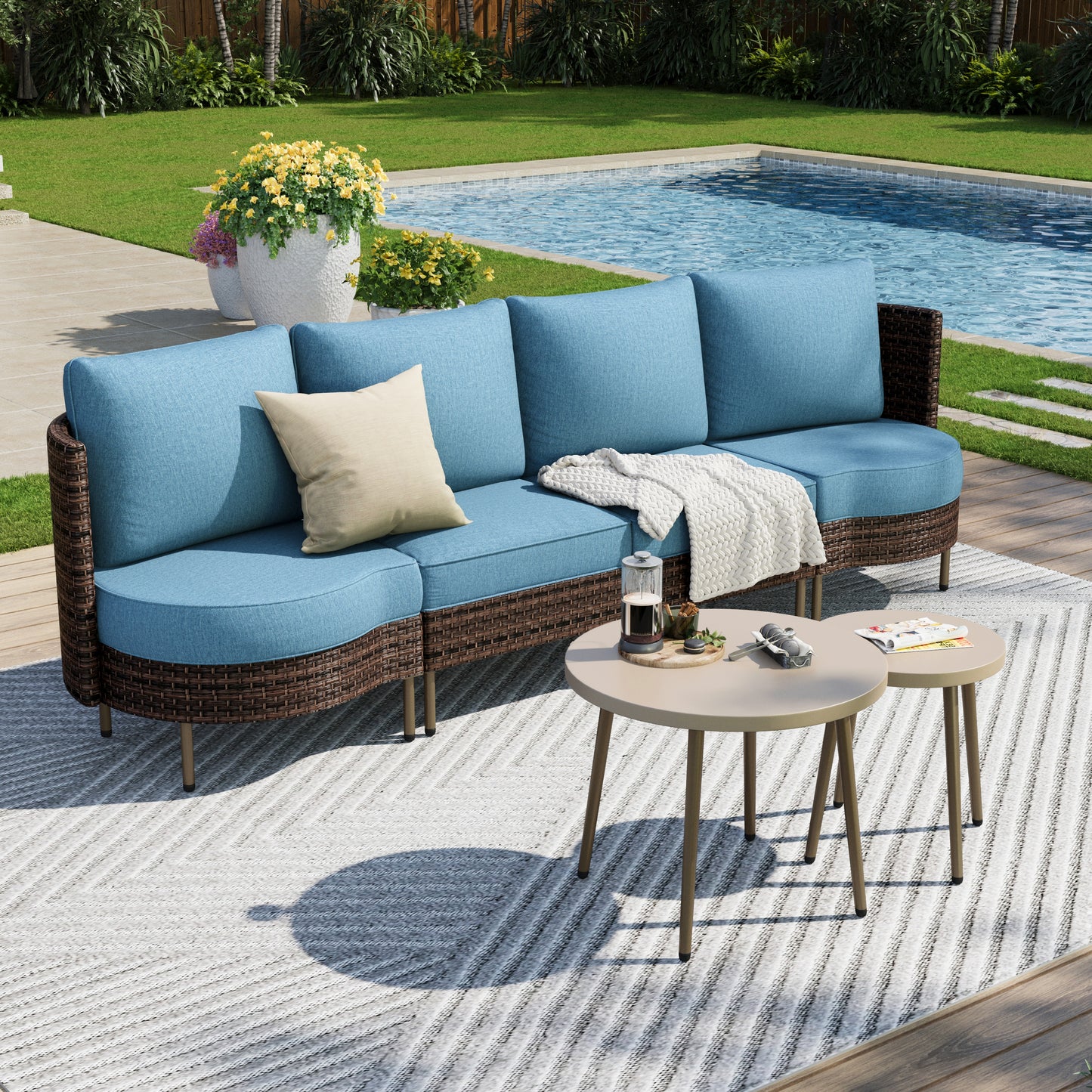 Captiva Designs Outdoor Patio Sectional Rounded Corner Furniture Sofa Conversation Set with 2 Round Coffee Table
