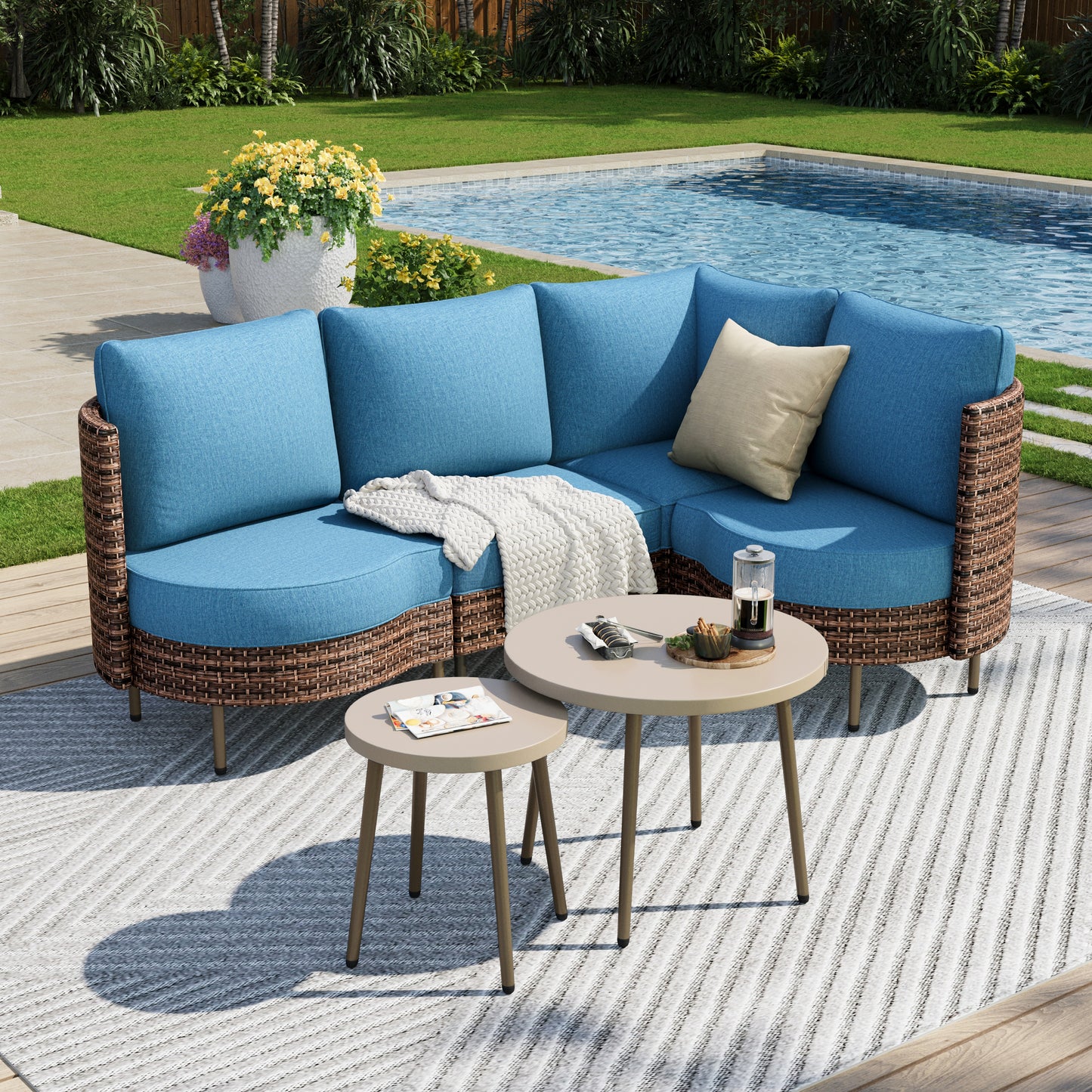 Captiva Designs Outdoor Patio Sectional Rounded Corner Furniture Sofa Conversation Set with 2 Round Coffee Table