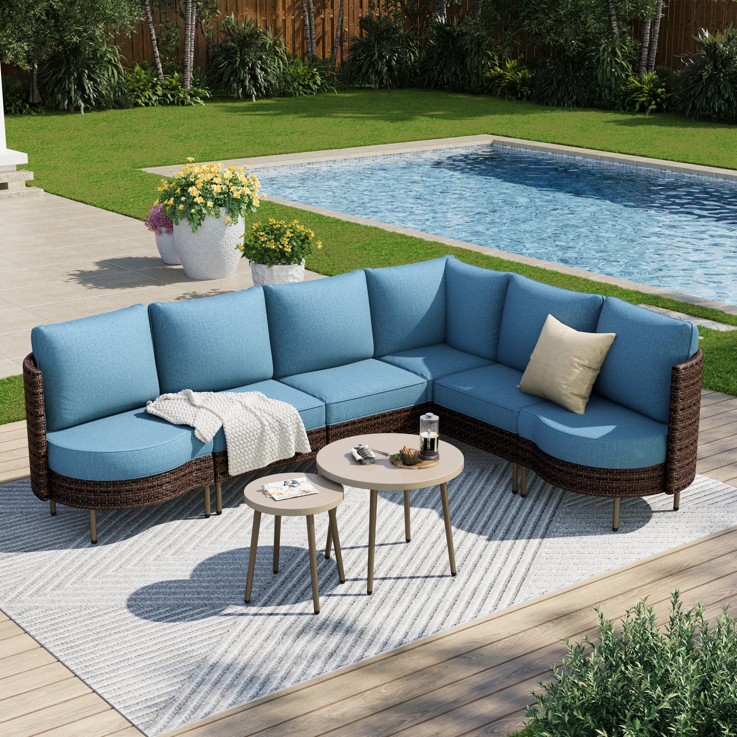 Captiva Designs Outdoor Patio Sectional Rounded Corner Furniture Sofa Conversation Set with 2 Round Coffee Table