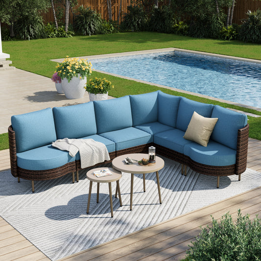 Captiva Designs Outdoor Patio Sectional Rounded Corner Furniture Sofa Conversation Set with 2 Round Coffee Table