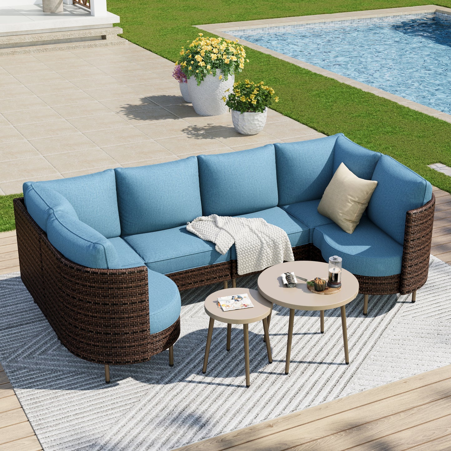Captiva Designs Outdoor Patio Sectional Rounded Corner Furniture Sofa Conversation Set with 2 Round Coffee Table