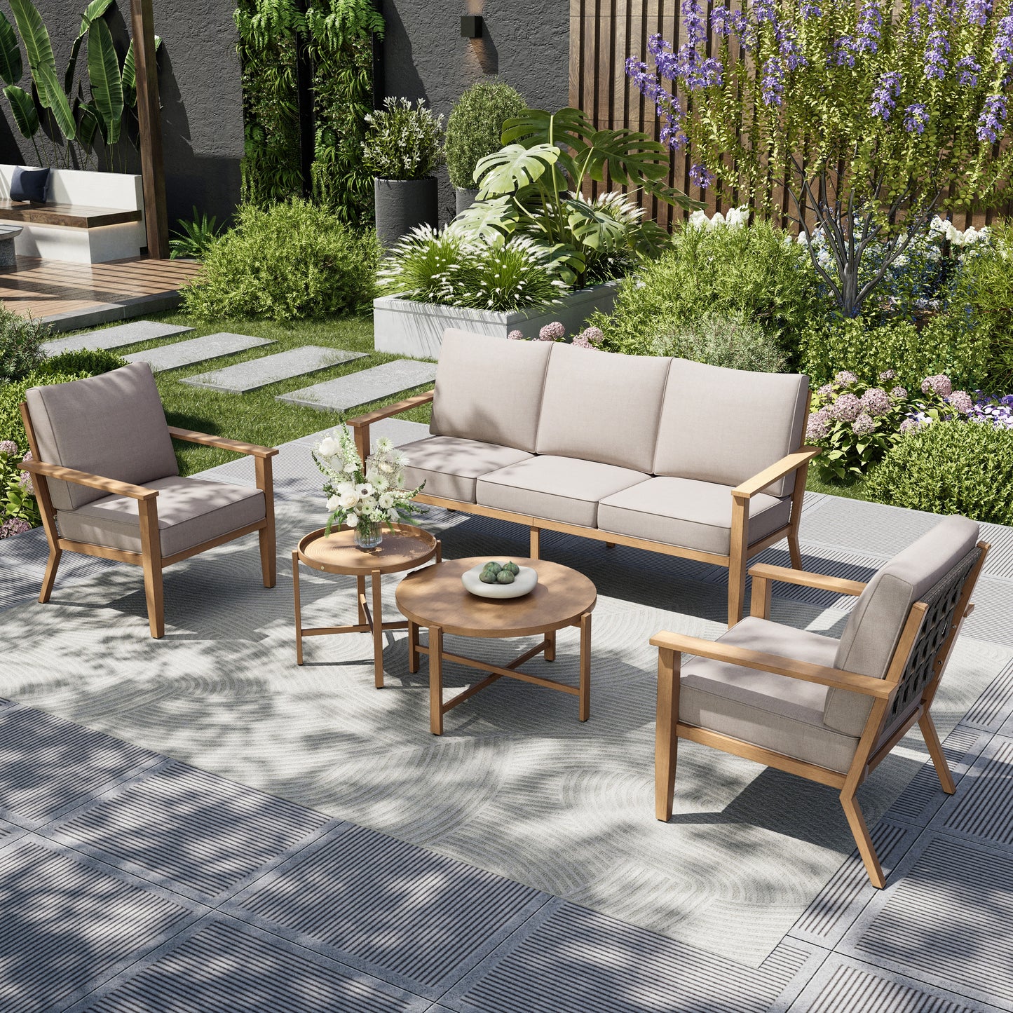 Captiva Designs 5PC Outdoor Patio Cross-Band Back Conversation Set with Thick Cushions for Deck, Garden, or Poolside