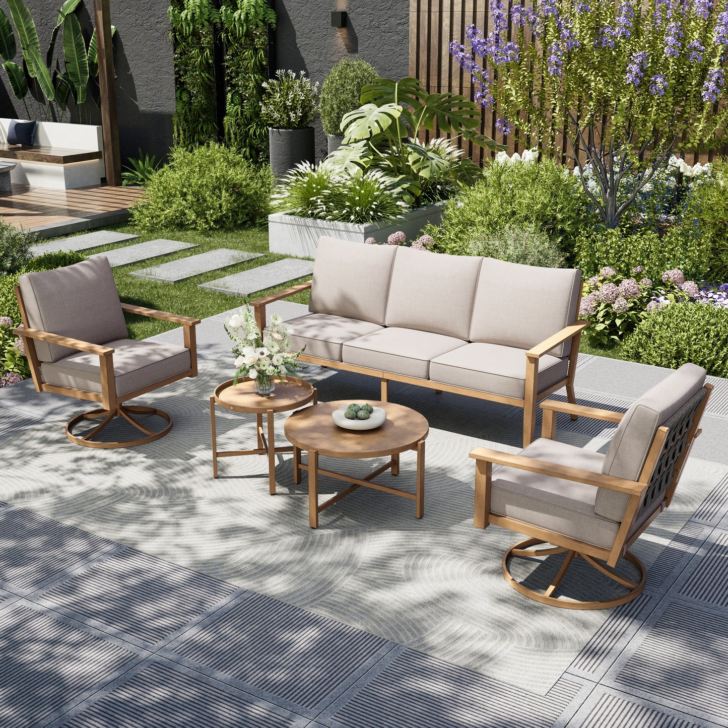 Captiva Designs 5PC Outdoor Patio Cross-Band Back Conversation Set with Thick Cushions for Deck, Garden, or Poolside