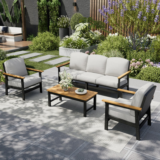 All Weather HDPE Outdoor Patio Furniture Conversation Set with Beige Cushions and Coffee Table