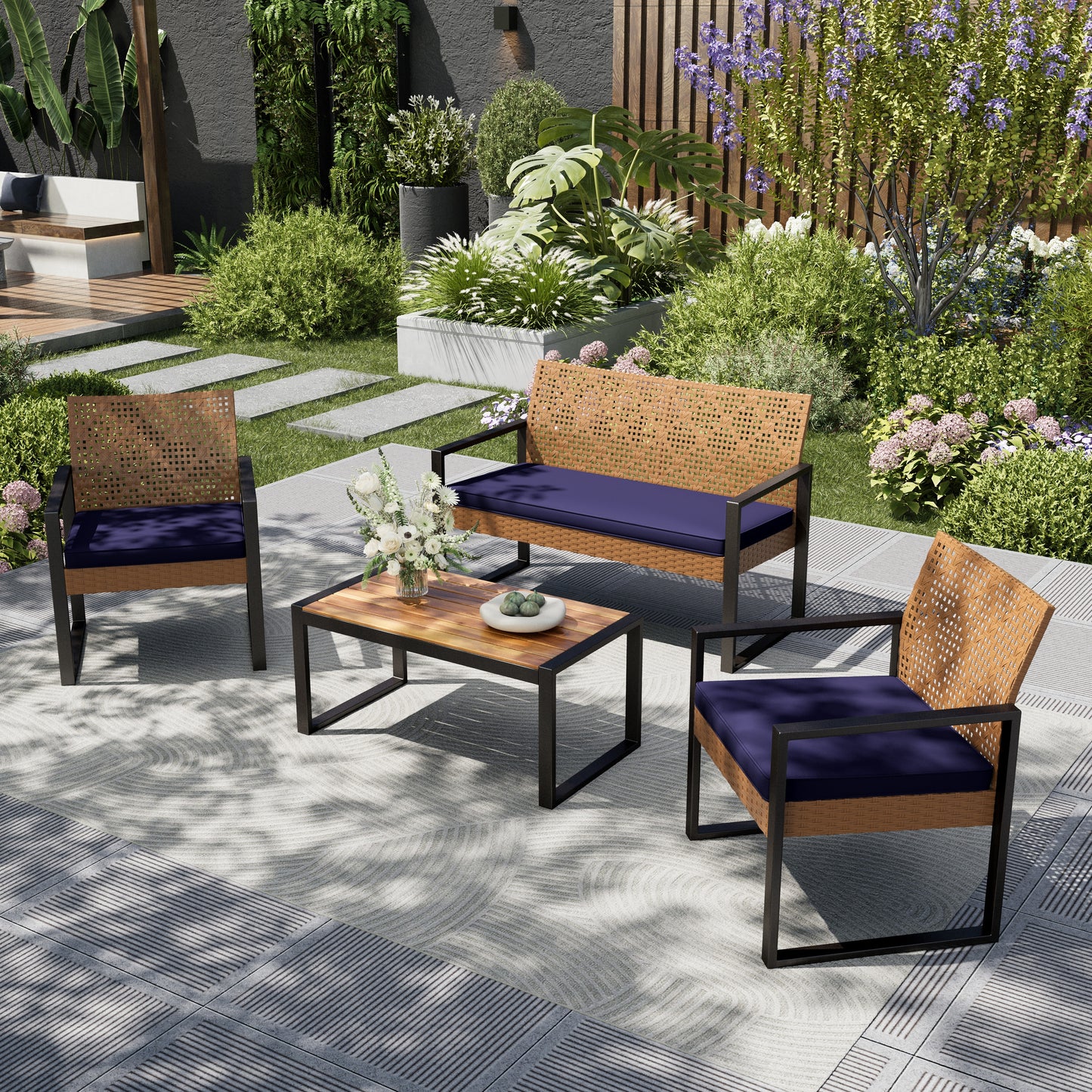 Captiva Designs Outdoor Patio 4 Pieces Wicker Porch Furniture Small Rattan Couch Set with Wood Table for Backyard