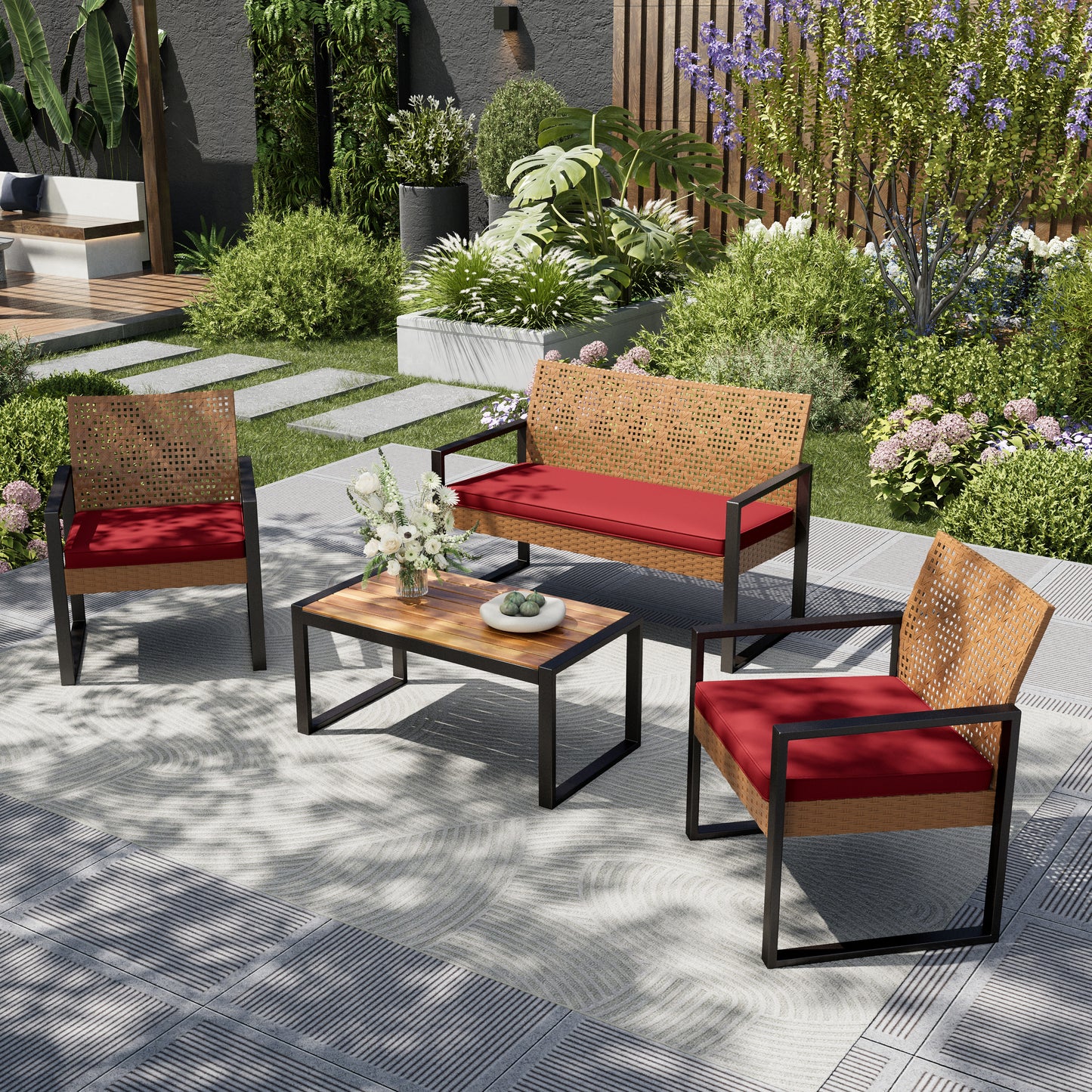 Captiva Designs Outdoor Patio 4 Pieces Wicker Porch Furniture Small Rattan Couch Set with Wood Table for Backyard