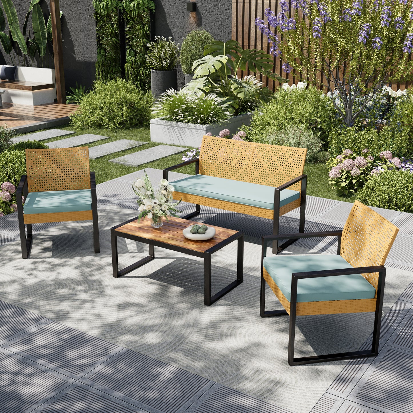 Captiva Designs Outdoor Patio 4 Pieces Wicker Porch Furniture Small Rattan Couch Set with Wood Table for Backyard