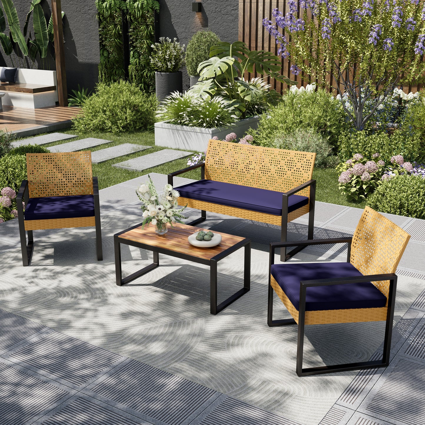 Captiva Designs Outdoor Patio 4 Pieces Wicker Porch Furniture Small Rattan Couch Set with Wood Table for Backyard