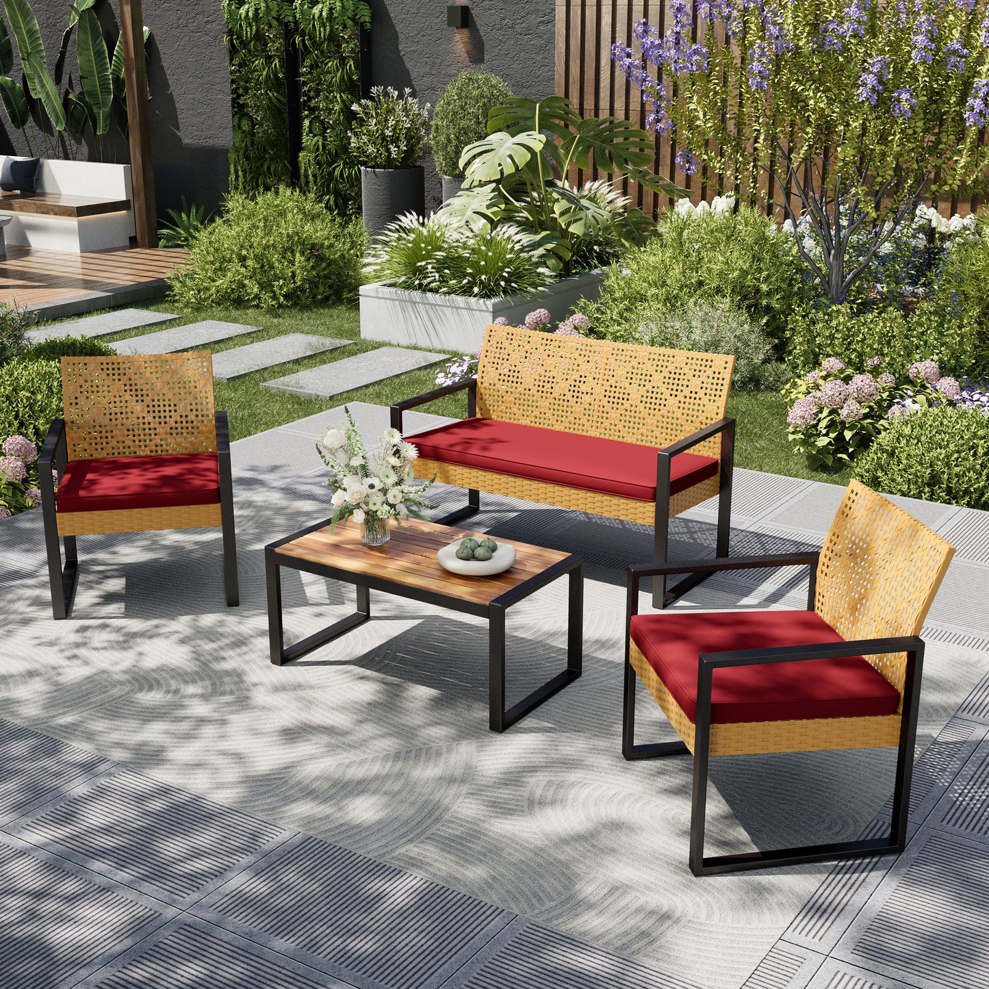 Captiva Designs Outdoor Patio 4 Pieces Wicker Porch Furniture Small Rattan Couch Set with Wood Table for Backyard