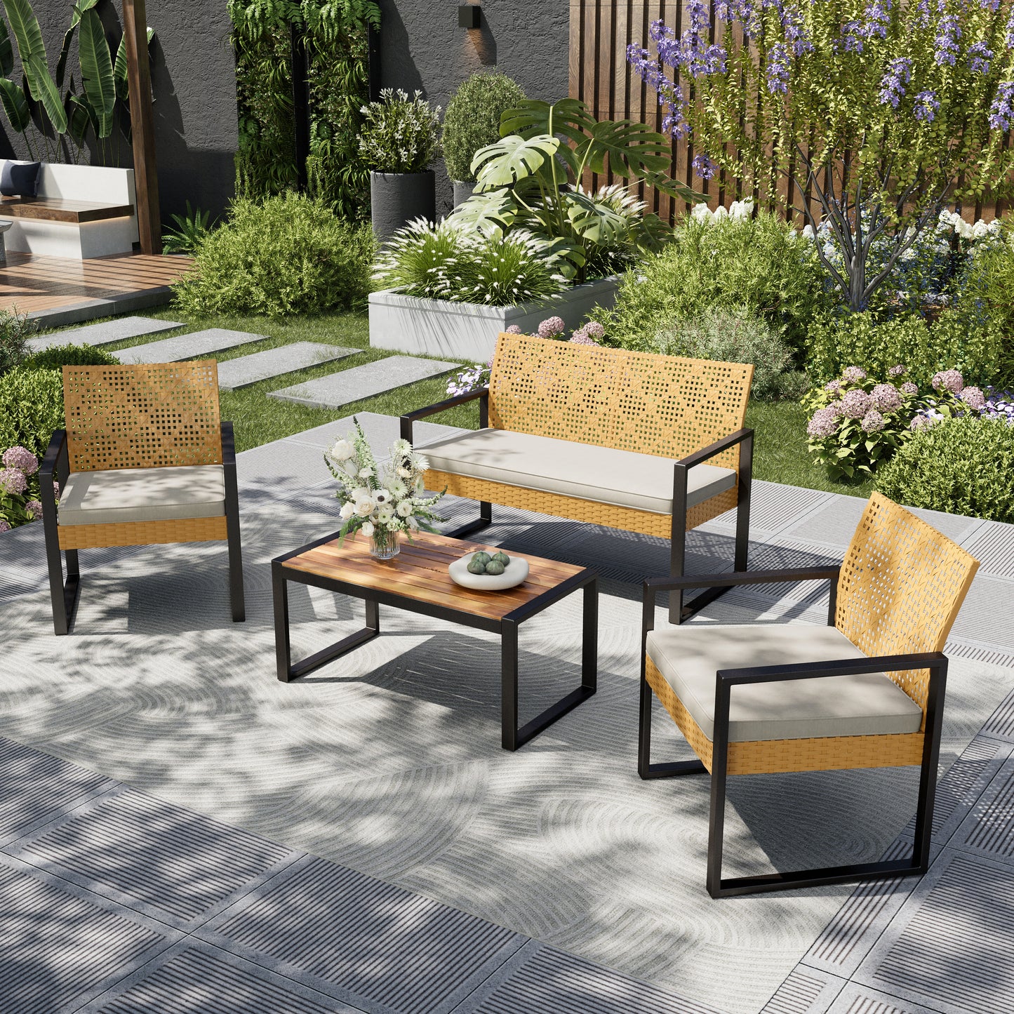 Captiva Designs Outdoor Patio 4 Pieces Wicker Porch Furniture Small Rattan Couch Set with Wood Table for Backyard