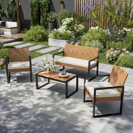 Captiva Designs Outdoor Patio 4 Pieces Wicker Porch Furniture Small Rattan Couch Set with Wood Table for Backyard