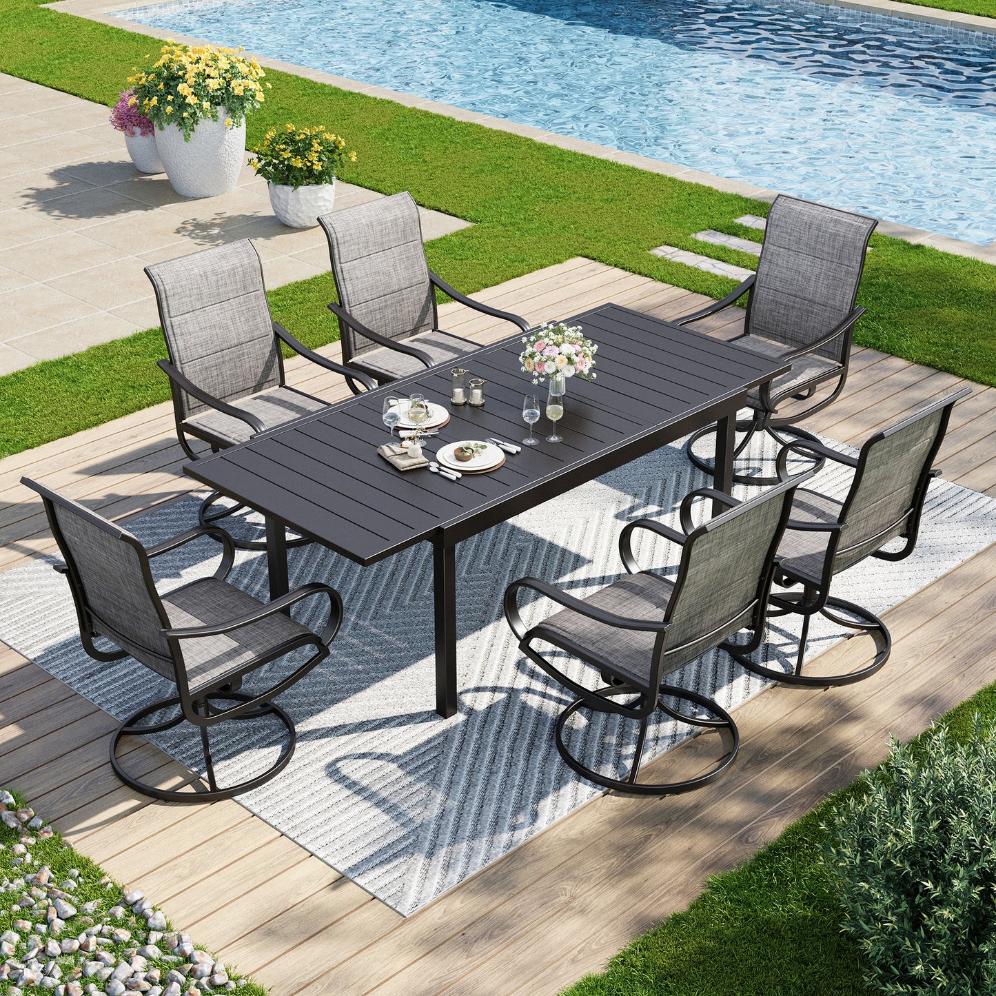Captiva Designs 7pc Outdoor Black Dining Steel Table & Grayish Brown Padded Textilene Swivel Chairs