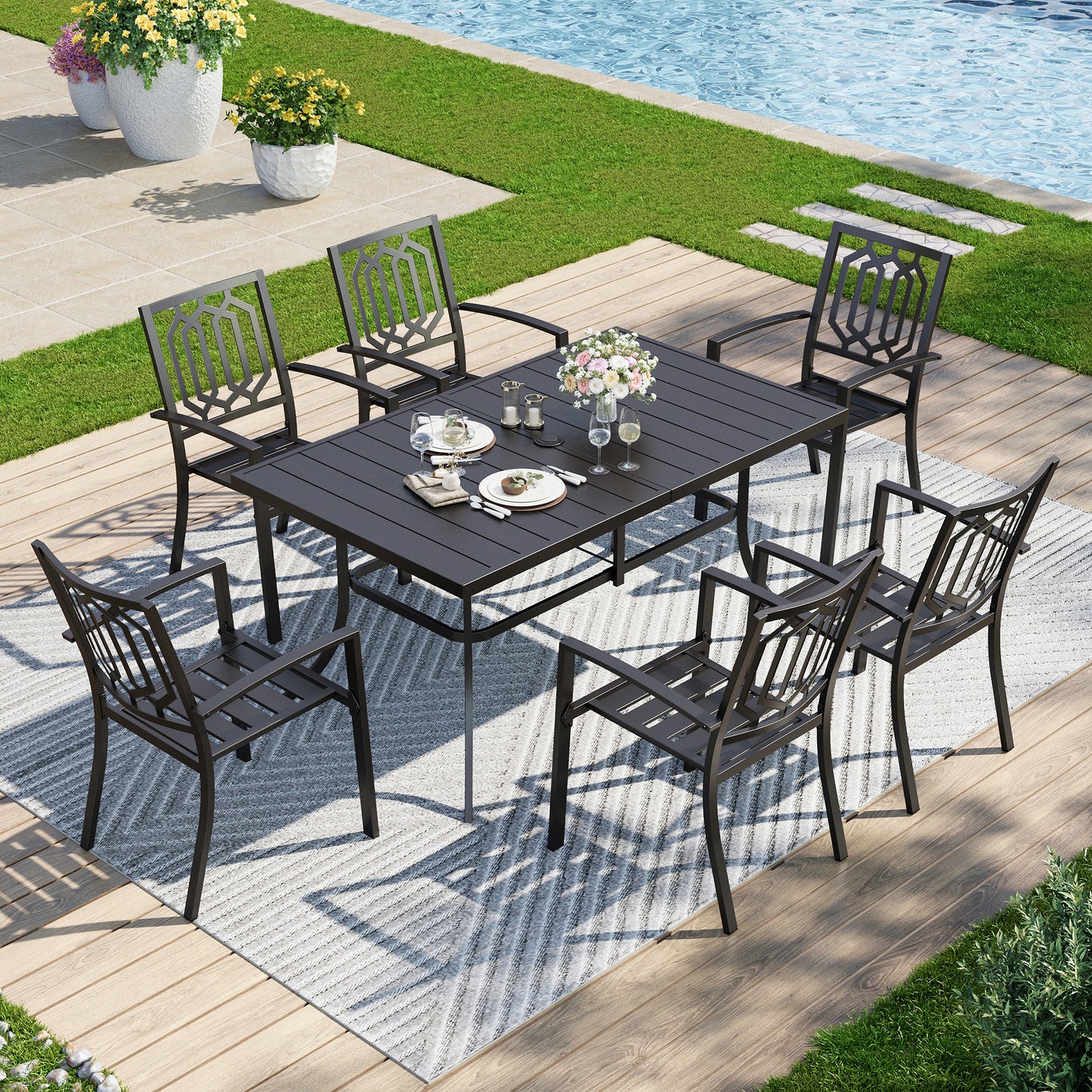 Captiva Designs 7pc Patio Dining Set with Slat-top Rectangle Steel Table & Metal Stackable Chairs